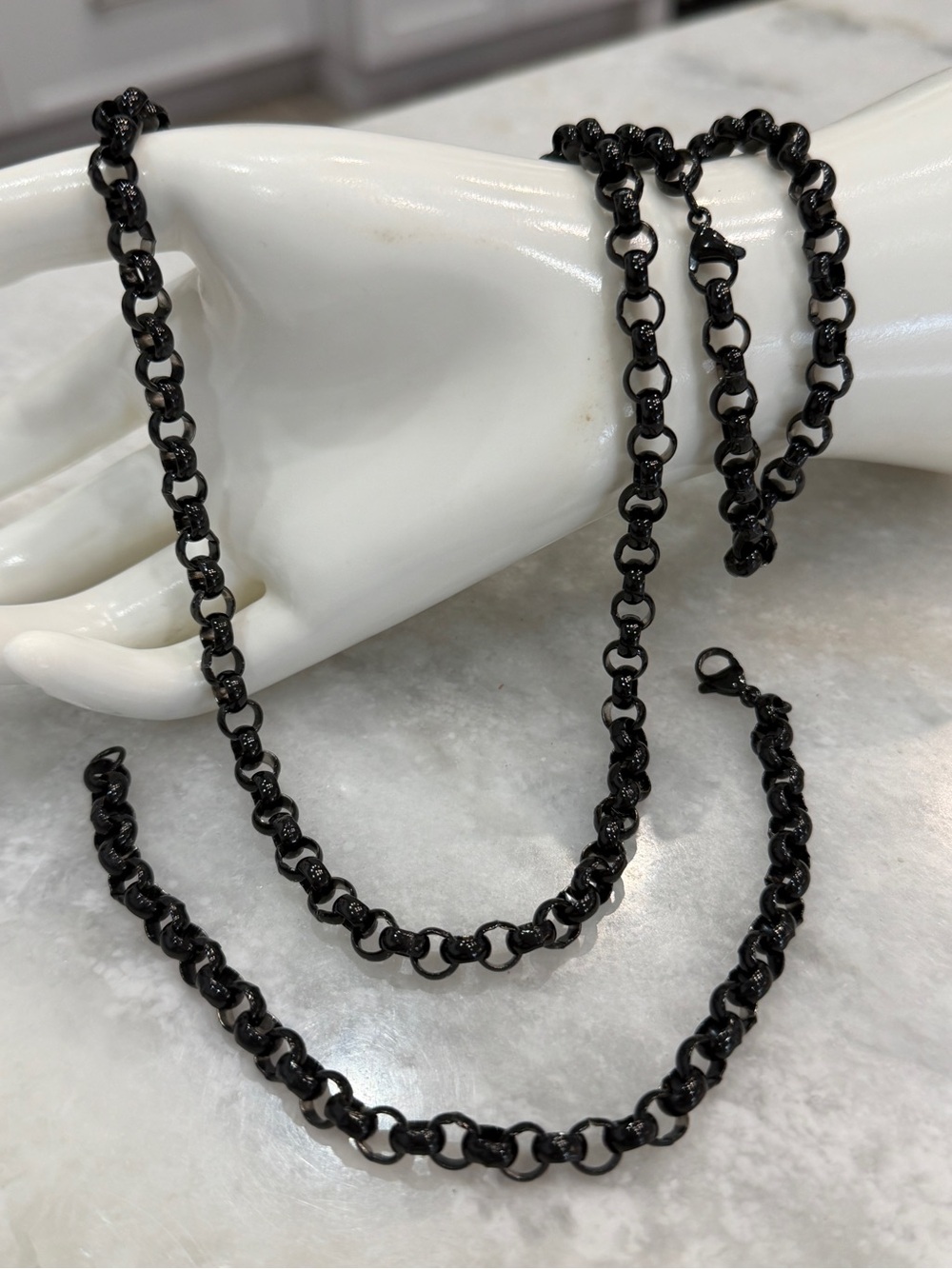 Black Stainless Steel Rolo Chain Link Necklace & Bracelet Set